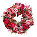 Decorative Door Wreath,Silk Flower Peony Head Flower Wreath 40cm Handmade Garland for Autumn Winter Outdoor Display Red