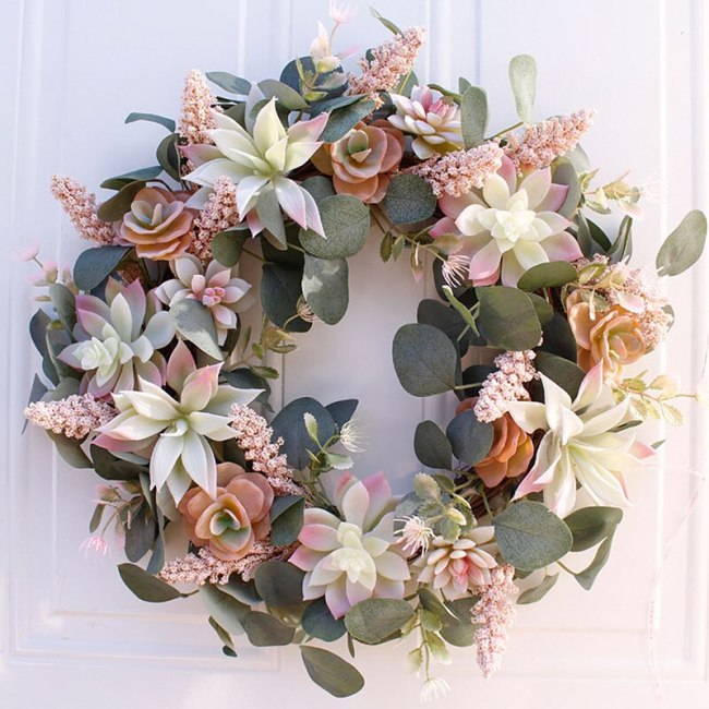Artificial Succulent Flower Wreath Garden Hanging Wreath for Home Wall Front Door Wedding Decor