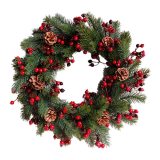 Decorated Artificial Christmas Wreath Green Branches with Pine Cones Red Berries Indoor/Outdoor Xmas Decoration 45cm