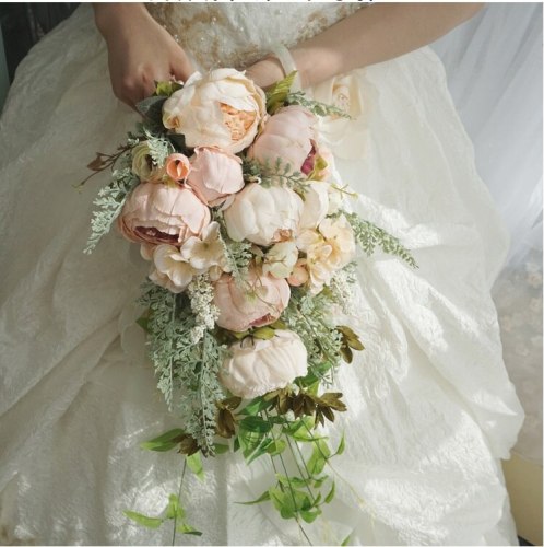 Waterfall Style Rustic Artificial Peony Bridal Bouquet Fake Plants Cascading Holding Flower With Faux Pearls Wedding Party Props