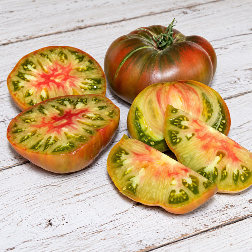 515 Almaty Tricolor Tomato Seeds | 1.1–1.3 lb Green-Pink-Gold Beefsteaks