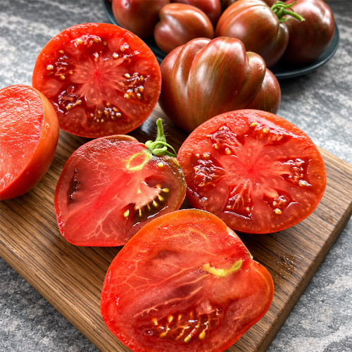 471 Dwarf Grail Tomato Seeds | 3.5 oz Burgundy Fruits with Pearl-Metallic Stripes