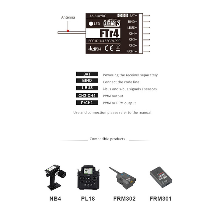 FlySky FTr4 Receiver 2.4 GHz 4CH AFHDS 3 for NB4 PL18 RC Fixed Drone Wings Gliders RC Support Parts PWM / PPM / I. bus / S. Exit bus