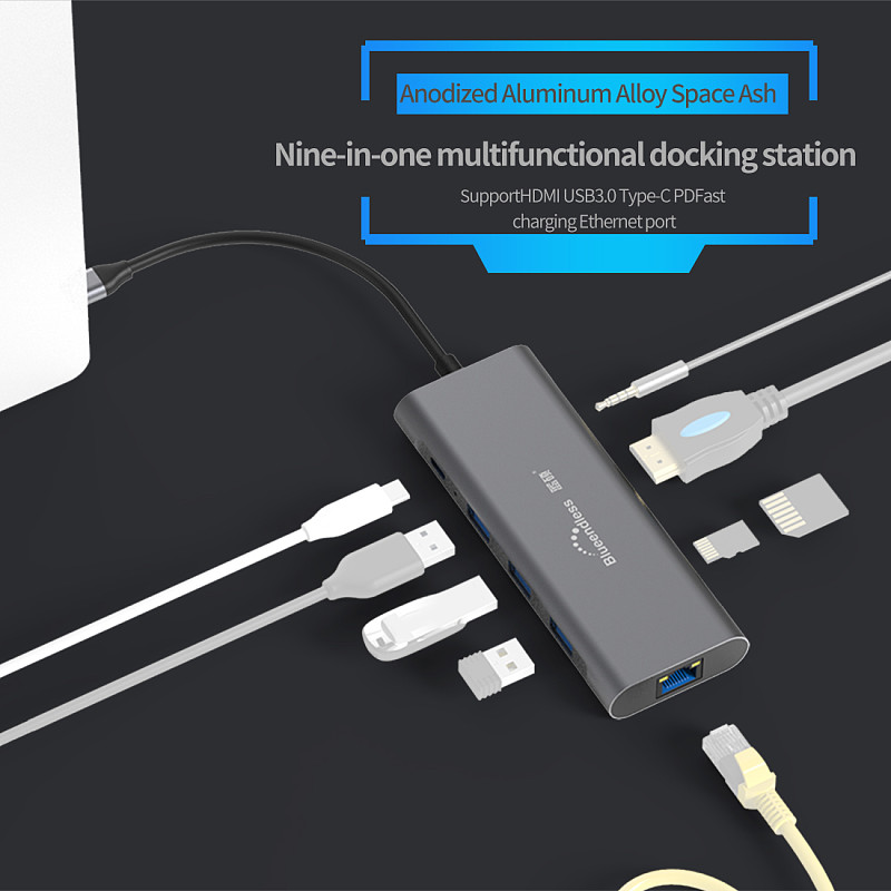 Blueendless Type-c Docking Station Nine In One Expands HDMI / Network Card / PD / Card Reader Multi-function USB Hub HC901