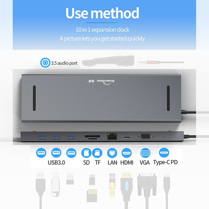 Blueendless Type-c Docking Station HDMI HD VGA Ten in one Usb3.0 Converter Multi-function Hub HC101C