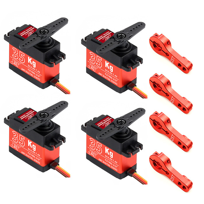 JMT 4Pcs Waterproof 35kg Coreless Servo 180 270 360 Degree Large Torque Digital Aluminium Metal Gears with 4Pcs 25T Servo Arm for RC Car Robot Crawler