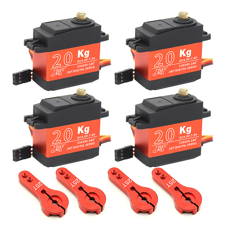 JMT 4PCS 20KG Digital Servo 180° / 270° / 360° Large Torque Metal Shell Servo Waterproof with 4Pcs 25T Metal Servo Arm for Car Model / Multi-Rotor Aircraft / Helicopter / Robot / RC Toy
