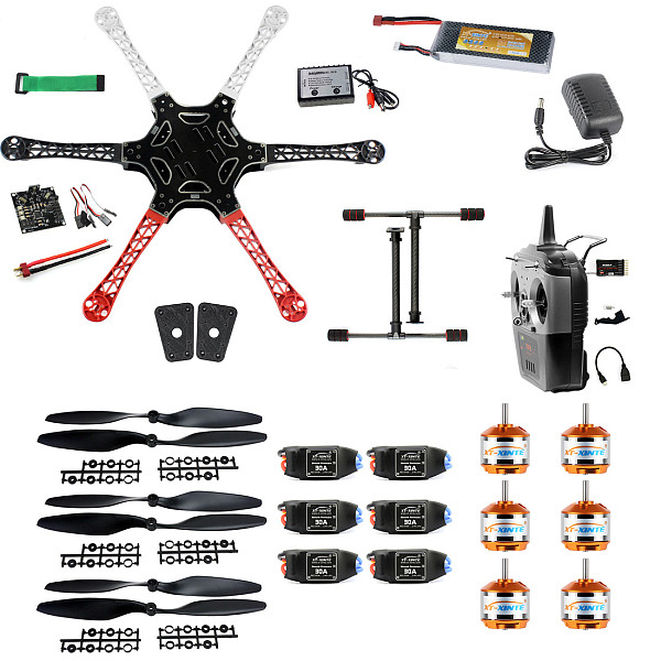 XT-XINTE F550 Airframe RC Hexacopter Drone Kit DIY PNF Unassembly Combo Set with Kkmulticopter Flight Controller for Beginners (with Battery and Remote Controller)