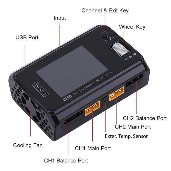 ToolkitRC M6D 500W 15A DC Dual Channel MINI Smart Charger Discharger for 1-6S Lipo/LiHV/LiFe/Lion Battery NiMh Pb Cell Checker Servo Tester, High Power Density 5mV Small Size Charger