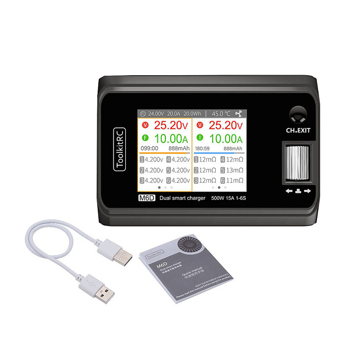 ToolkitRC M6D 500W 15A DC Dual Channel MINI Smart Charger Discharger for 1-6S Lipo/LiHV/LiFe/Lion Battery NiMh Pb Cell Checker Servo Tester, High Power Density 5mV Small Size Charger
