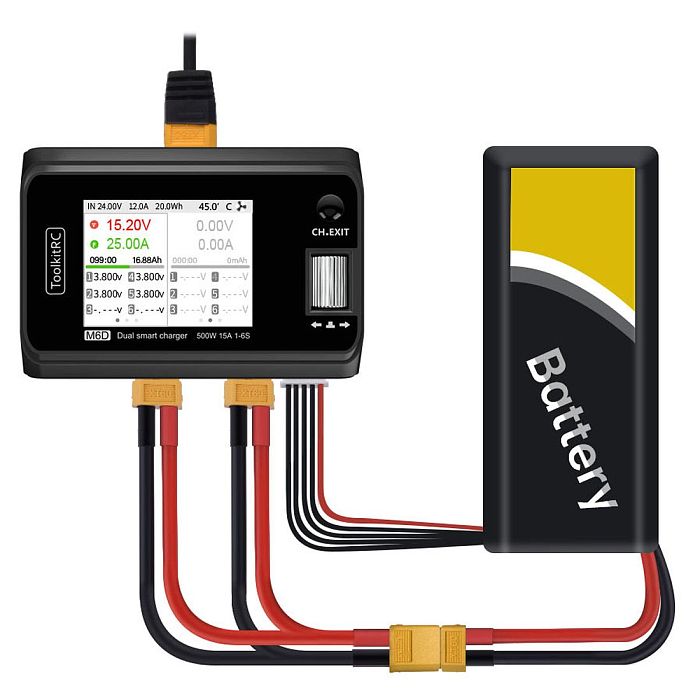 ToolkitRC M6D 500W 15A DC Dual Channel MINI Smart Charger Discharger for 1-6S Lipo/LiHV/LiFe/Lion Battery NiMh Pb Cell Checker Servo Tester, High Power Density 5mV Small Size Charger