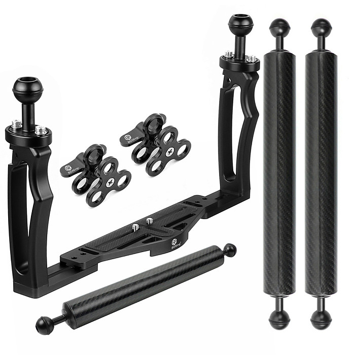 For GoPro13 BGNing Aluminium Diving DSLR Cameras Cage Dual Handheld Tray Bracket w/ Buttery Clips Carbon Fiber Extension Arm Floating Tripod Mount