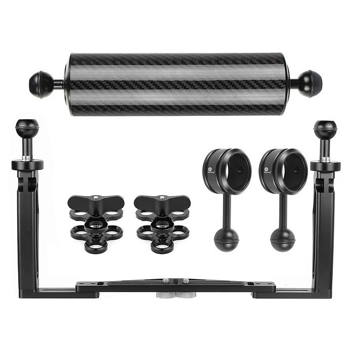 For GoPro13 BGNing Aluminium Diving DSLR Cameras Cage Dual Handheld Tray Bracket w/ Buttery Clips Carbon Fiber Extension Arm Floating Tripod Mount