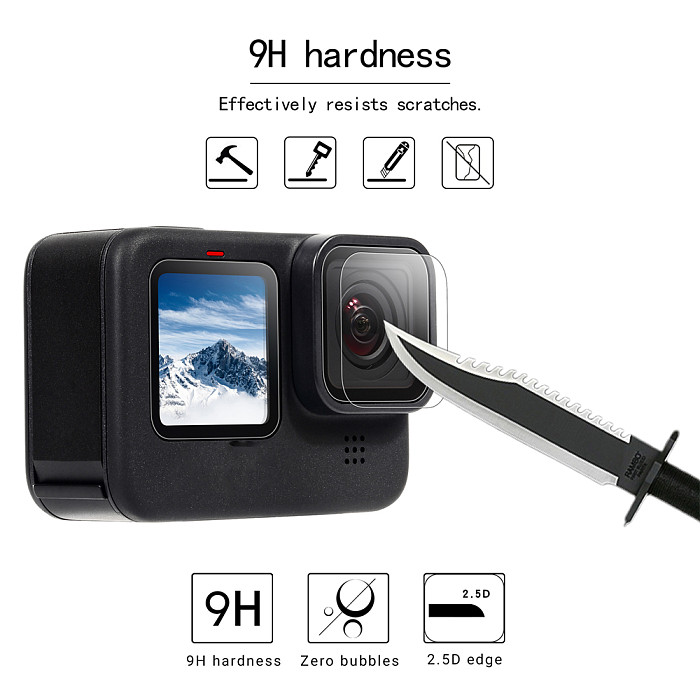 FEICHAO 2 Sets GoPro Hero9 Camera Lens Protective Film HD Tempered Screen Protector Sports Camera Accessories Protective Film