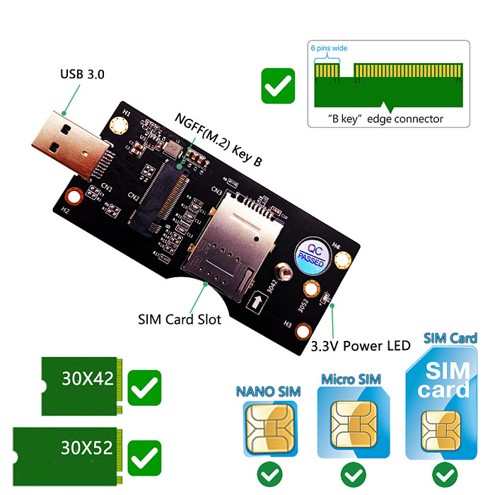 XT-XINTE for NGFF(M.2) to USB 3.0 Adapter with SIM 8pin card Slot for 3G/4G/5G Module