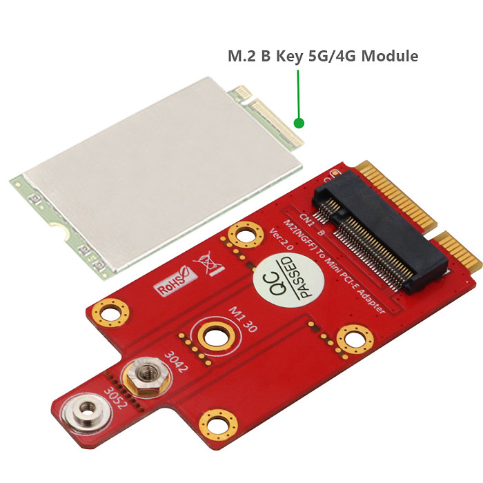 XT-XINTE M.2 Key B to Mini PCI-E mPCIe Adapter Card for 3G / 4G / 5G Module Supports 3042/3052 Type M2 Key B Card Dimension