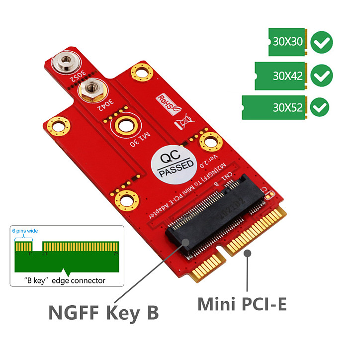 XT-XINTE M.2 Key B to Mini PCI-E mPCIe Adapter Card for 3G / 4G / 5G Module Supports 3042/3052 Type M2 Key B Card Dimension