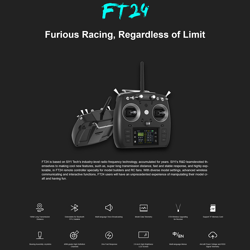 Skyzone FT24 2.4GHz 12CH 15KM Long Range Transmitter Remote Controller for DIY FPV Drone R9M/TBS Multi-protocol RF w/ FR/FR Mini OTA Receiver