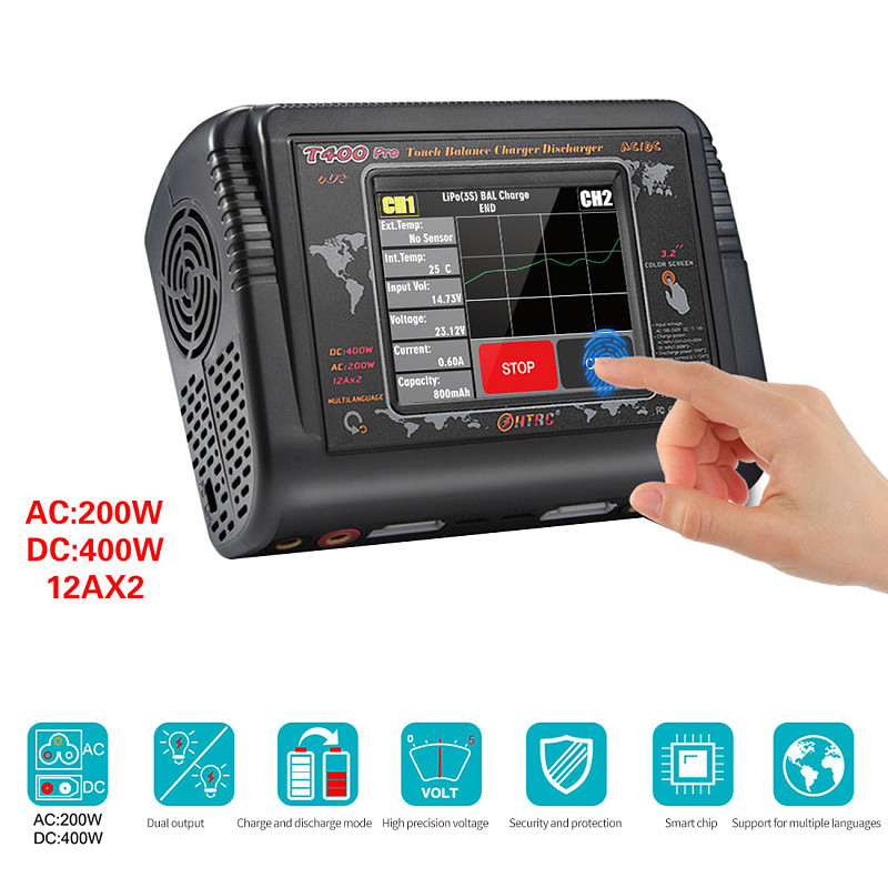 HTRC Original New T400 Pro RC Lipo Charger Dual DC 400W AC 200W 12A*2 Discharger For RC DIY Done LiPo LiHV LiFe Lilon NiCd NiMh Pb Battery