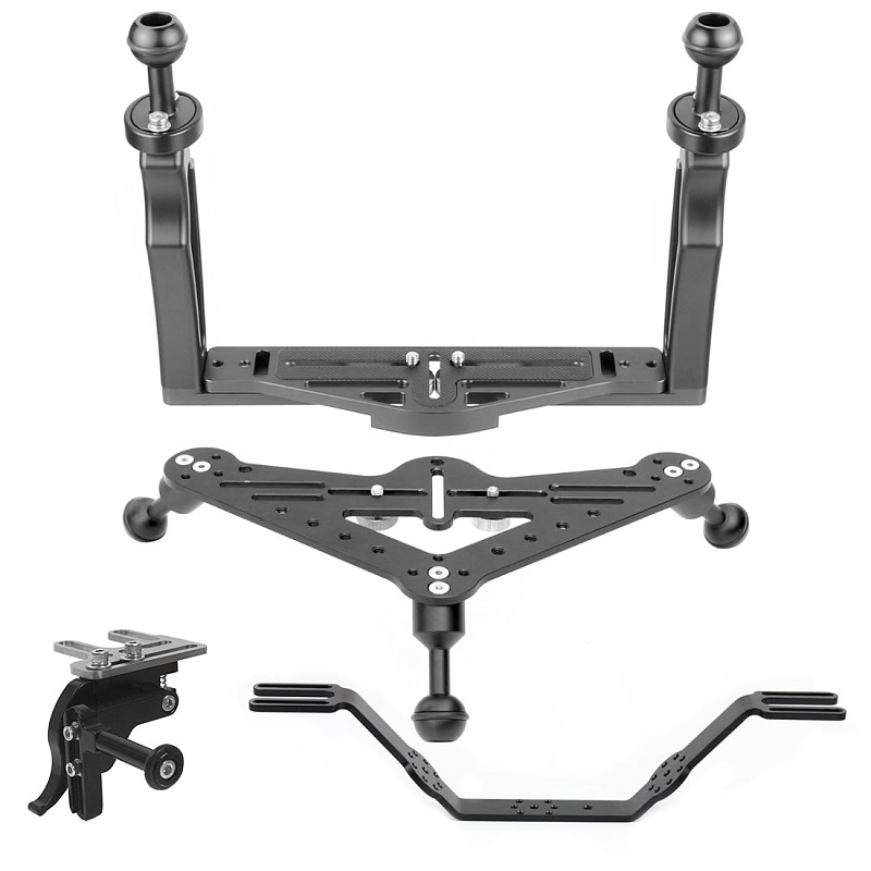 FEICHAO CNC Photography Diving Bracket Handle Tray Adjustable Double Hand Grip with Gimbal Tray Rig for Insta360 ONE R/GOPRO Series /Osmo and other Camera