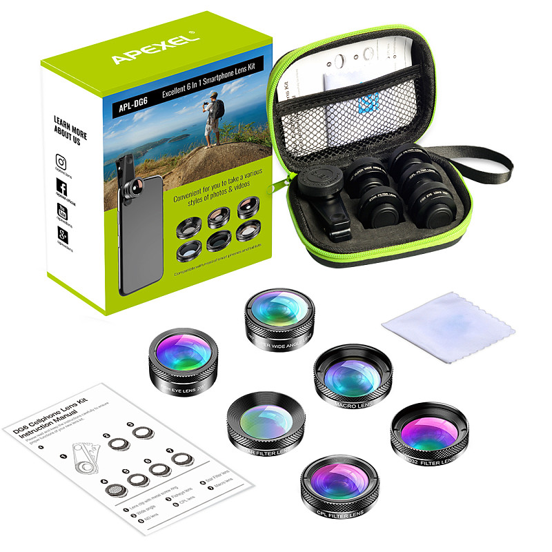 Apexel New APL-DG6 6 IN 1 Smartphone Wide Angle Camera Lens For iPhone Samsung Huawei Xiaomi Oneplus 7