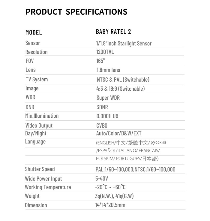 Caddx  Baby Ratel 2 1/1.8 inch Starlight HDR Sensor 1200TVL Low Latency Day and Night Freestyle FPV Camera