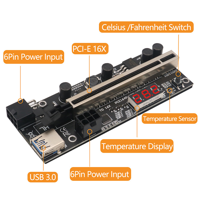 XT-XINTE New Version PCIE Riser 1x to 16x Graphics Extension with Temperature Sensor for Bitcoin GPU Mining Riser Adapter Card