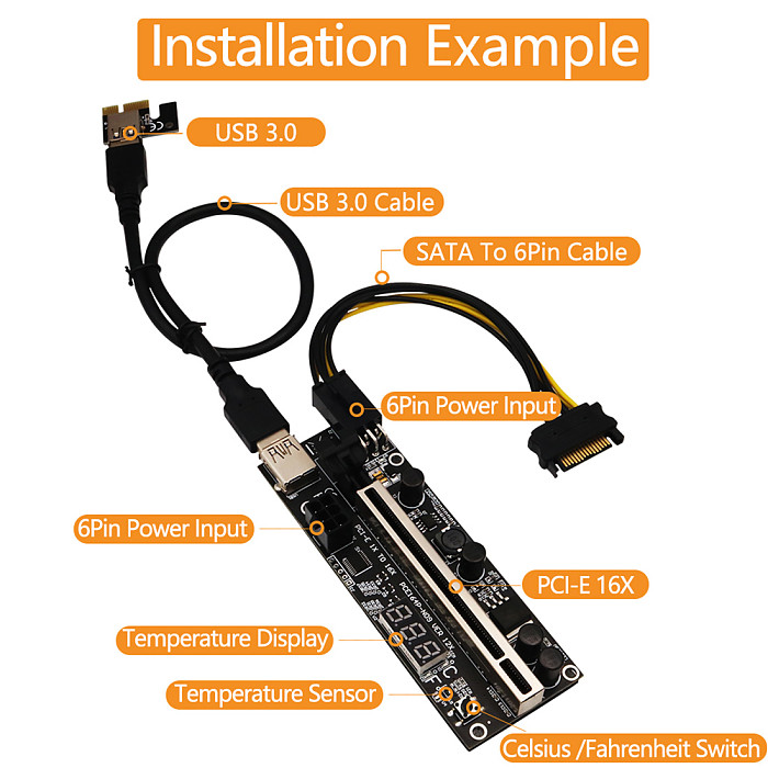 XT-XINTE New Version PCIE Riser 1x to 16x Graphics Extension with Temperature Sensor for Bitcoin GPU Mining Riser Adapter Card