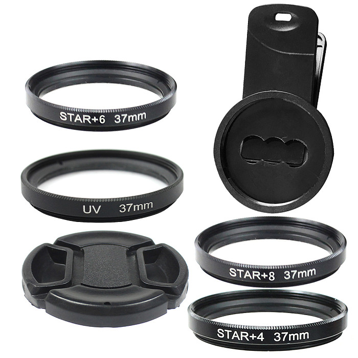 FEICHAO 4x 6x 8x UV Star Line 37MM Camera Lens Filter Set with 37mm Super Wide Angle Macro Mobile Phone Lens Clip + UV Lens