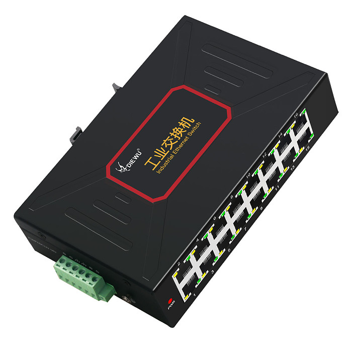 DIEWU-TXE027 Ethernet Switch, Metal Enclosure, 16 Ports, Industrial, 10 / 100Mbps, DIN, Rail Type, RJ45, DC12 ~ 58V Compatible