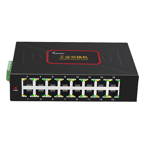 DIEWU-TXE027 Ethernet Switch, Metal Enclosure, 16 Ports, Industrial, 10 / 100Mbps, DIN, Rail Type, RJ45, DC12 ~ 58V Compatible
