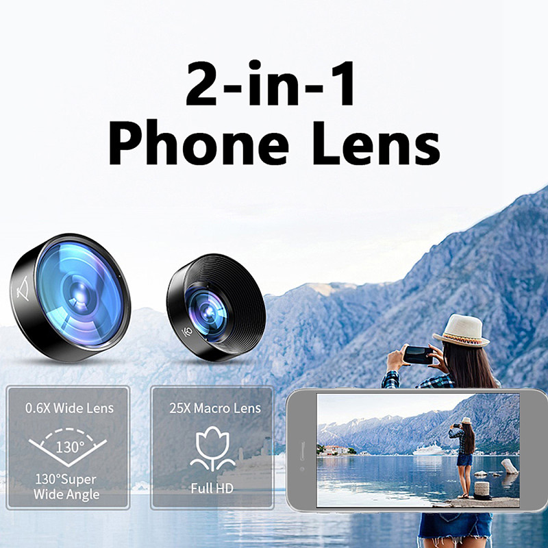 2 in 1 Phone Camera Lens kit 130 Degree Super Wide-angle Lens & 25X Macro Lens HD Camera Lens with Fixing Clip for Smartphones