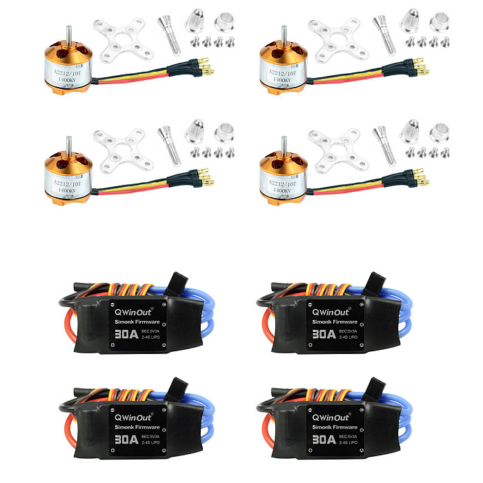 QWinOut 4pcs 30A Speed Controller ESC + 4pcs A2212 1400KV Brushless Motor for DIY RC Aircraft QuadCopter Drone Accessories