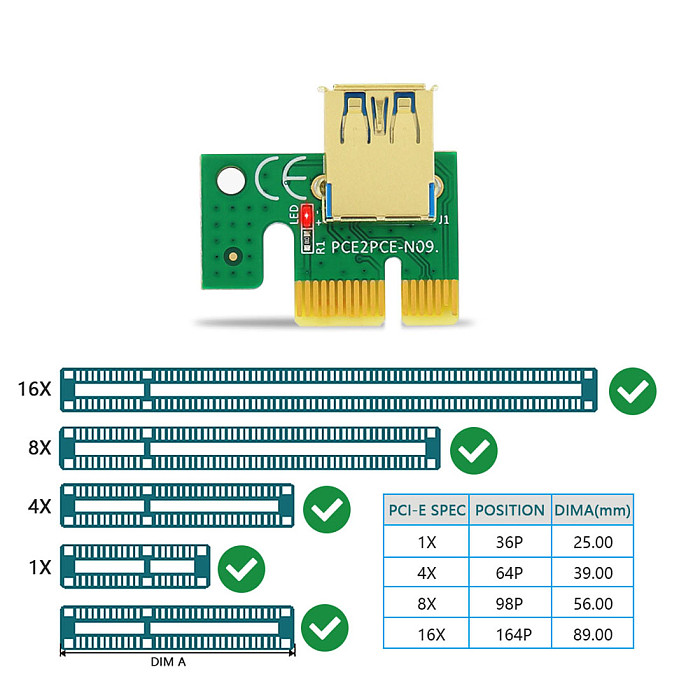 New Version 010-X PCIE Riser 1x to 16x Graphic Extension with flash LED for GPU Mining 