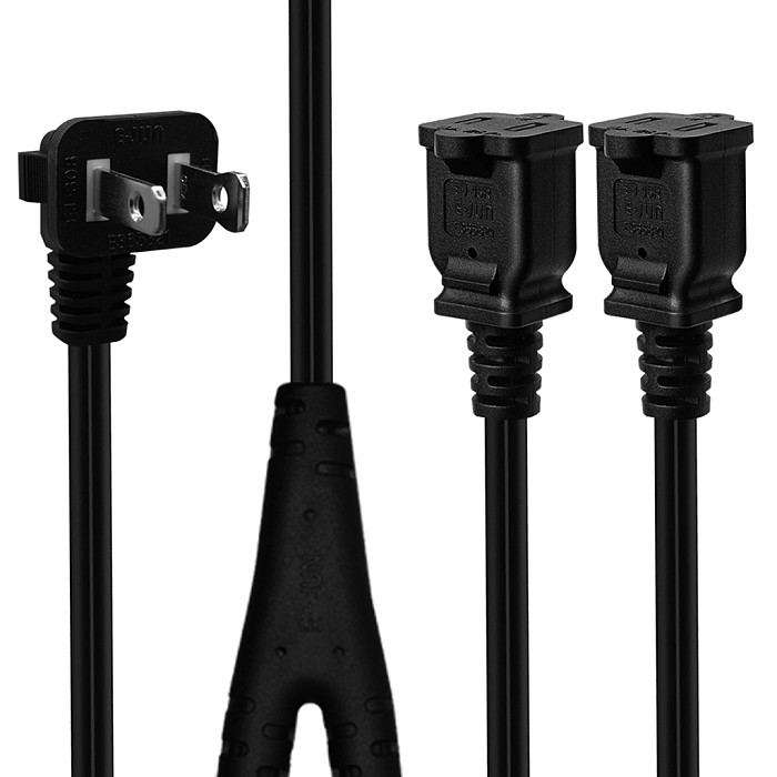 JMT 2ft(0.64m) 1-15P to Dual 1-15R Power Extension Cord Splitter US AC 2-Prong Polarized Power Cable 1 to 3 Outlet Adapter ETL Listed