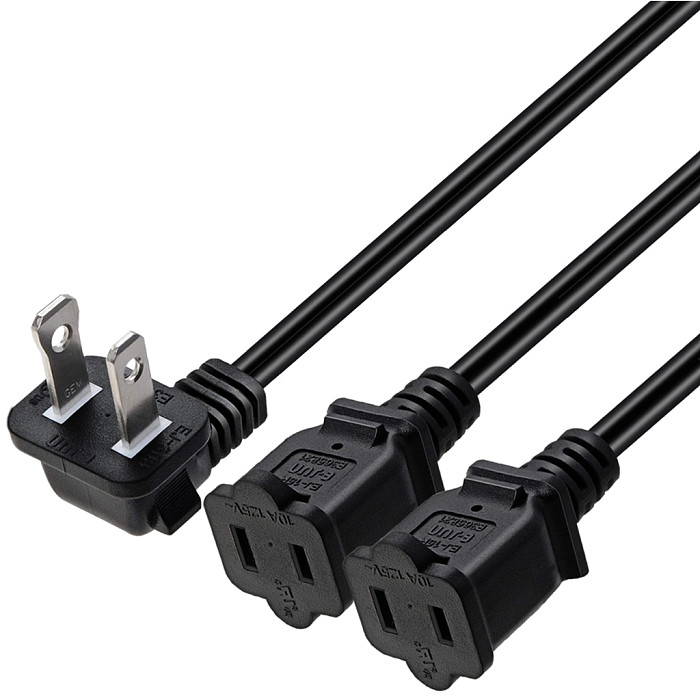 JMT 2ft(0.64m) 1-15P to Dual 1-15R Power Extension Cord Splitter US AC 2-Prong Polarized Power Cable 1 to 3 Outlet Adapter ETL Listed