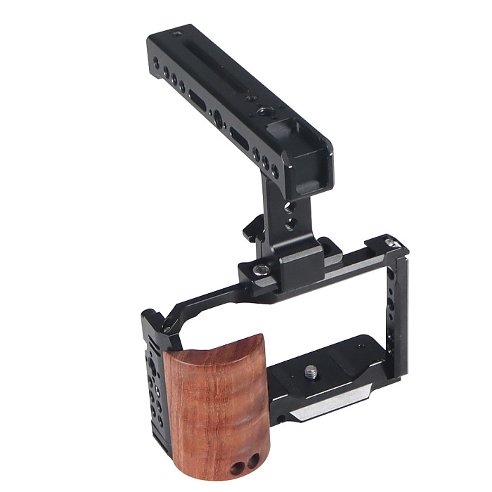 ZVE10 Camera Cage Wooden Handle with Top / Side Grip Built-in Arca Quick Release Plate Stabilizer Rig Kit for Sony ZV-E10 DSLR