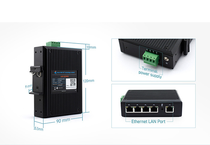 USR-SDR050-L 5-LAN Ports 10/100Mbps Rate Industrial Ethernet Switches DC9-36V Support Natural Heat Dissipation DIN-Rail Mounting