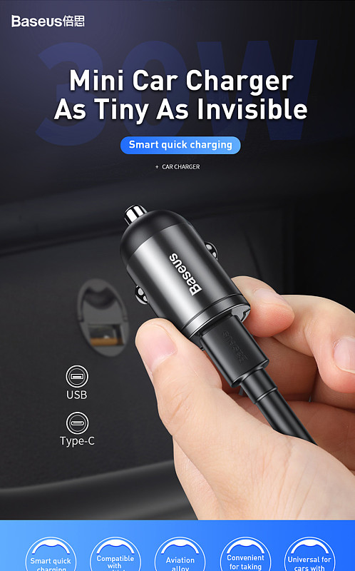 Baseus 30W Mini Car Charger Adapter Type-C /USB to IOS Cable For iPhone 11 12