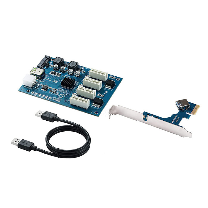PCI-E 1X To PCIE 4 Slots Adapter Card PCI Express Expansion Riser Card 1 to 4 PCIe Slot Adapter Riser with 6Pin/SATA 15Pin Port