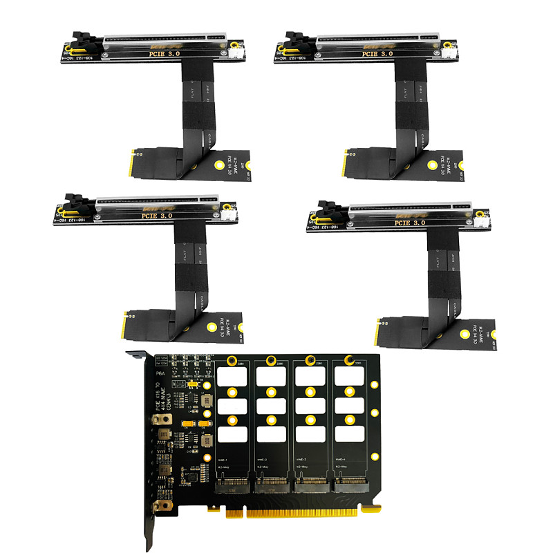 PCI-E 4.0 4x4 to M.2 4-Bays Expansion Card with M.2 to PCIe X16 Adapter Cable for M.2 NVMe 2242 2260 2280 SSD Gen 4 Adapter Card