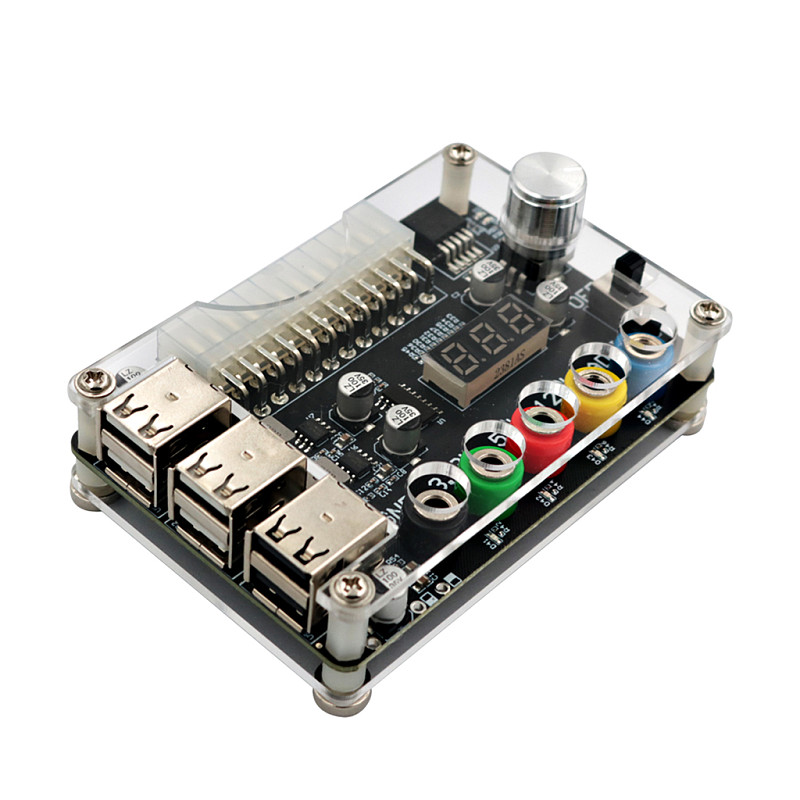 24Pin ATX Power Supply Breakout Board Acrylic Case Kit Module Adapter Power Connector with 6 Port USB 2.0 Supports QC 2.0/QC 3.0