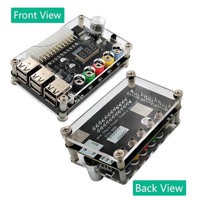 24Pin ATX Power Supply Breakout Board Acrylic Case Kit Module Adapter Power Connector with 6 Port USB 2.0 Supports QC 2.0/QC 3.0