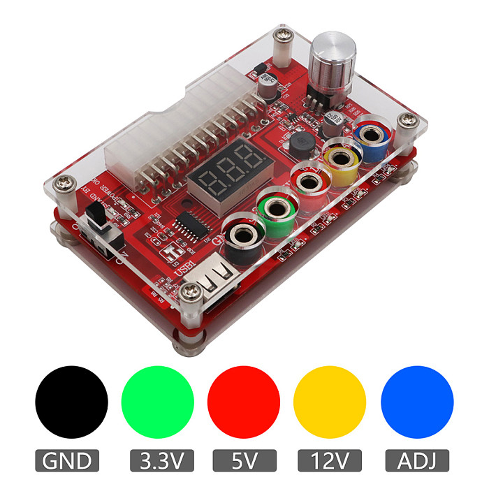 24Pin ATX Power Supply Breakout Board Acrylic Case Kit Module Adapter Power Connector with 6 Port USB 2.0 Supports QC 2.0/QC 3.0