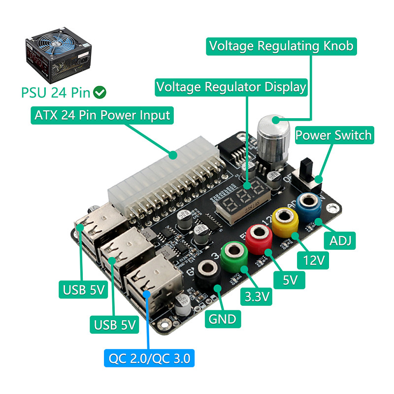24Pin ATX Power Supply Breakout Board Acrylic Case Kit Module Adapter Power Connector with 6 Port USB 2.0 Supports QC 2.0/QC 3.0