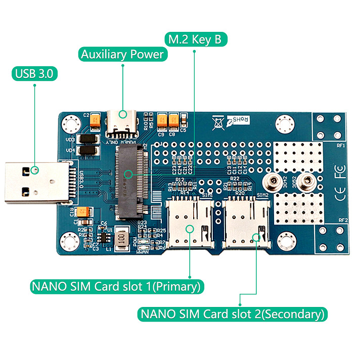 NGFF(M.2)  to USB 3.0 Adapter with Auxiliary Power  and Dual NANO SIM card Slot for 3G/4G/5G Module