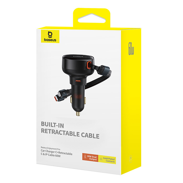Baseus Enjoyment Pro Car Charger C/U +Retractable  C & iP/Type-C Cable 60W/55W For Car