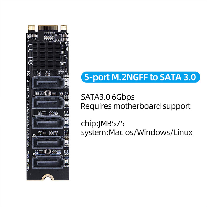 M.2 To SATA 3.0 Riser Card M2 M-KEY PCI-E Expansion Card 5/6 Port SATA3.0 6Gbps Converter for NVME NGFF To SATA SSD Adapter Card