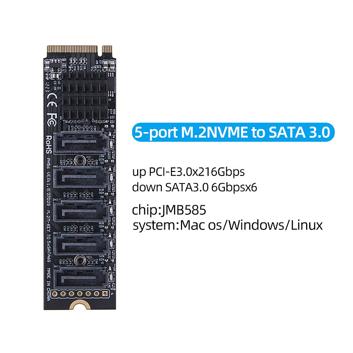 M.2 To SATA 3.0 Riser Card M2 M-KEY PCI-E Expansion Card 5/6 Port SATA3.0 6Gbps Converter for NVME NGFF To SATA SSD Adapter Card