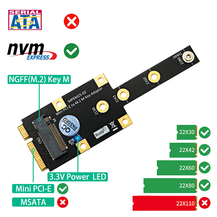 For M.2 NGFF NVME M-key/B Key SSD to Mini PCI-E Adapter Card Support 2230/2242/2260/2280 M.2 B/M Key SSD Mini PCIe Convert Card